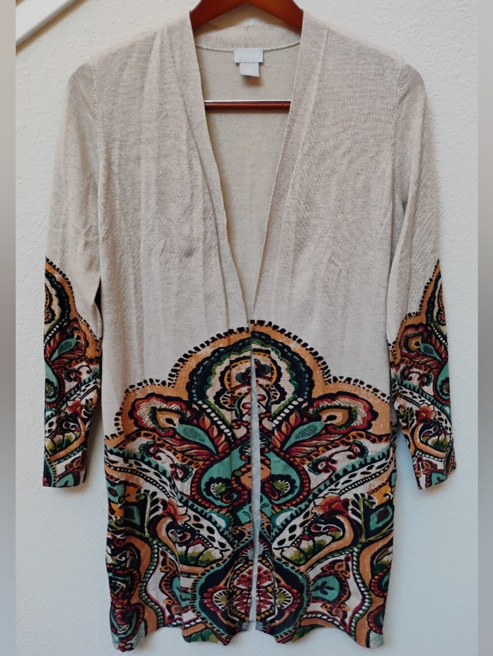 Chicos Beige Open-Front Women's Cardigan with Multicolor Paisley Print
